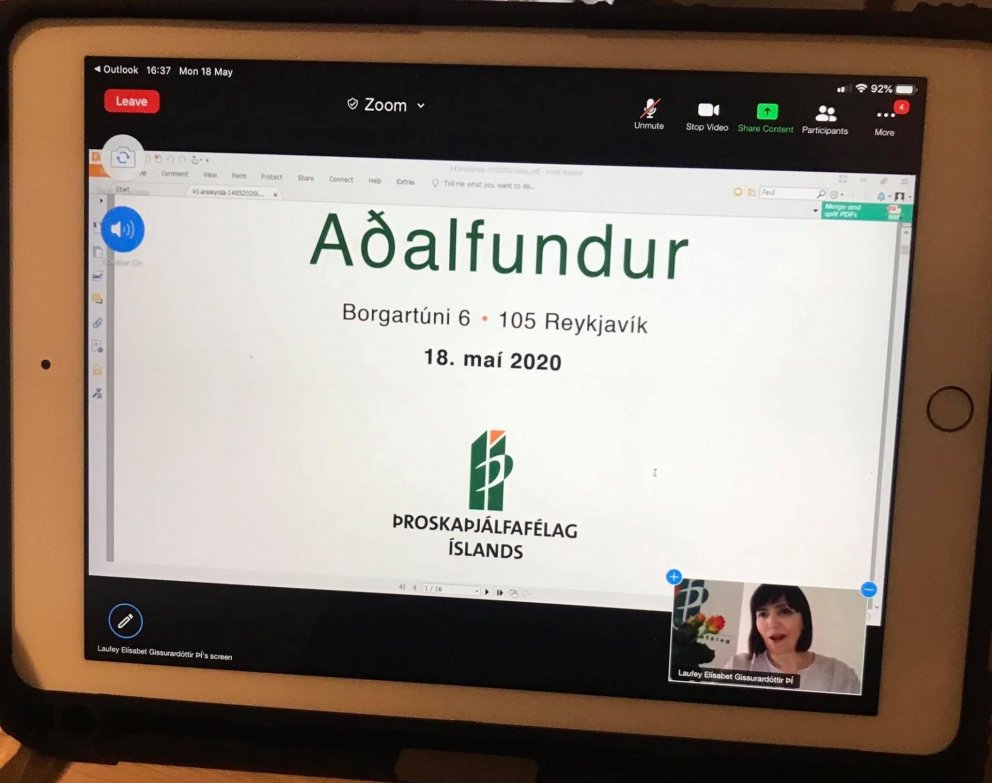Laufey Elísabet Gissurardóttir, flytur skýrslu stjórnar á aðalfundi sem haldinn var í fjarfundi